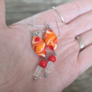 Handmade Orange & Red Swirl Bead Dangle Earrings